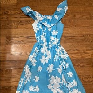 Vintage Blue Hawaiian Peasant Peekaboo Floral Midi Dress